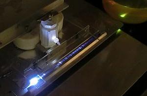 TEA laser firing into a dye solution.