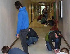 Students working in the hall.